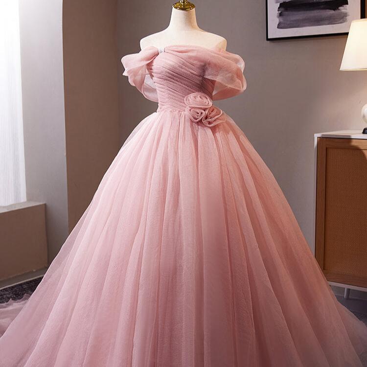 Pink Off the Shoulder Rosette Prom Ball Gown Pleated Tulle Quinceanera Dress AD1315-Quinceanera Dresses 2025 -Viniodress-Pink-Custom Size-