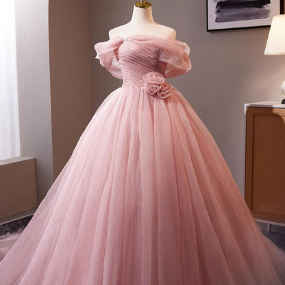 Pink Off the Shoulder Rosette Prom Ball Gown Pleated Tulle Quinceanera Dress AD1315-Quinceanera Dresses 2025 -Viniodress-Pink-Custom Size-