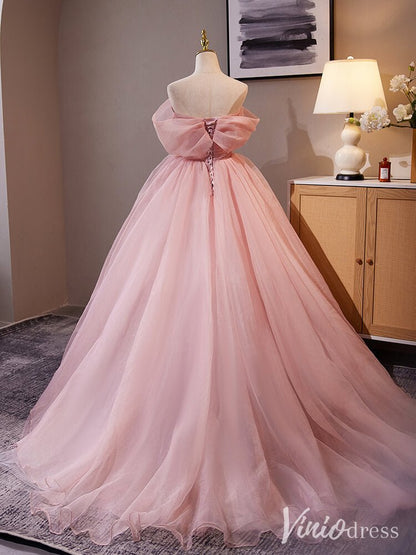 Pink Off the Shoulder Rosette Prom Ball Gown Pleated Tulle Quinceanera Dress AD1315-Quinceanera Dresses 2025 -Viniodress-Pink-Custom Size-