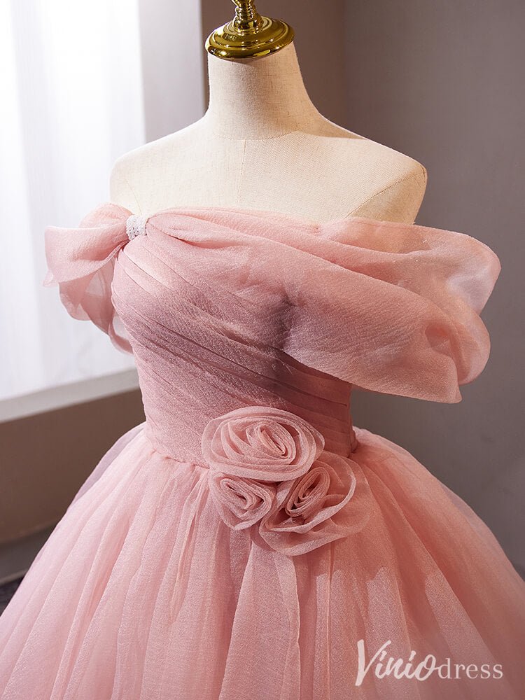 Pink Off the Shoulder Rosette Prom Ball Gown Pleated Tulle Quinceanera Dress AD1315-Quinceanera Dresses 2025 -Viniodress-Pink-Custom Size-