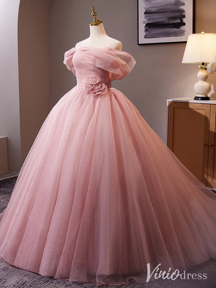 Pink Off the Shoulder Rosette Prom Ball Gown Pleated Tulle Quinceanera Dress AD1315-Quinceanera Dresses 2025 -Viniodress-Pink-Custom Size-