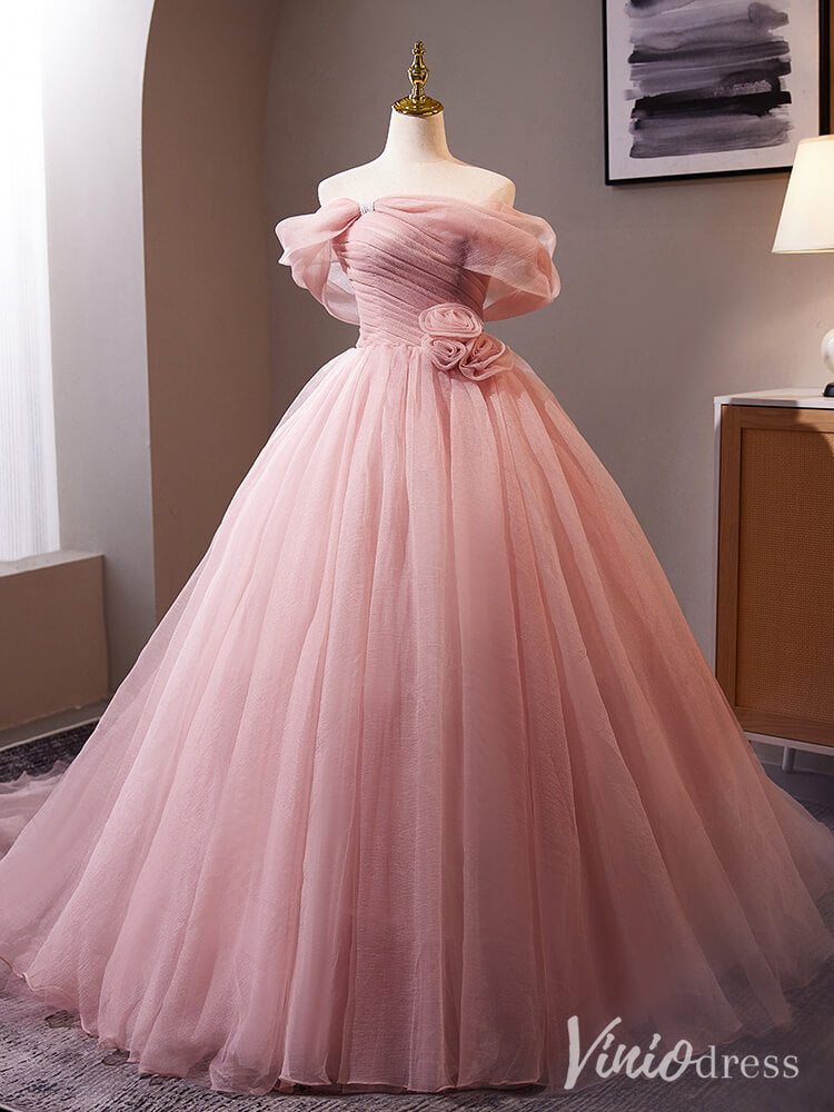 Pink Off the Shoulder Rosette Prom Ball Gown Pleated Tulle Quinceanera Dress AD1315-Quinceanera Dresses-Viniodress-Viniodress