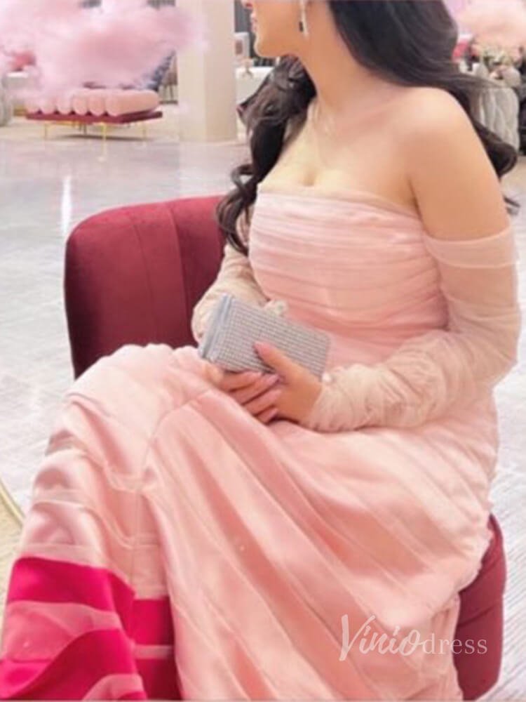 Pink Off the Shoulder Ruched Prom Dresses Long Sleeve Formal Dress AD1181-prom dresses 2025 -Viniodress-Pink-US 2-