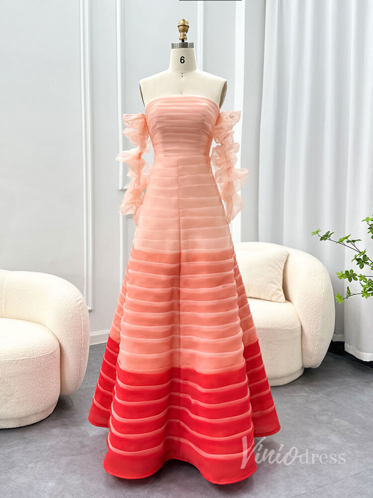 Pink Off the Shoulder Ruched Prom Dresses Long Sleeve Formal Dress AD1181-prom dresses-Viniodress-Pink-US 2-Viniodress