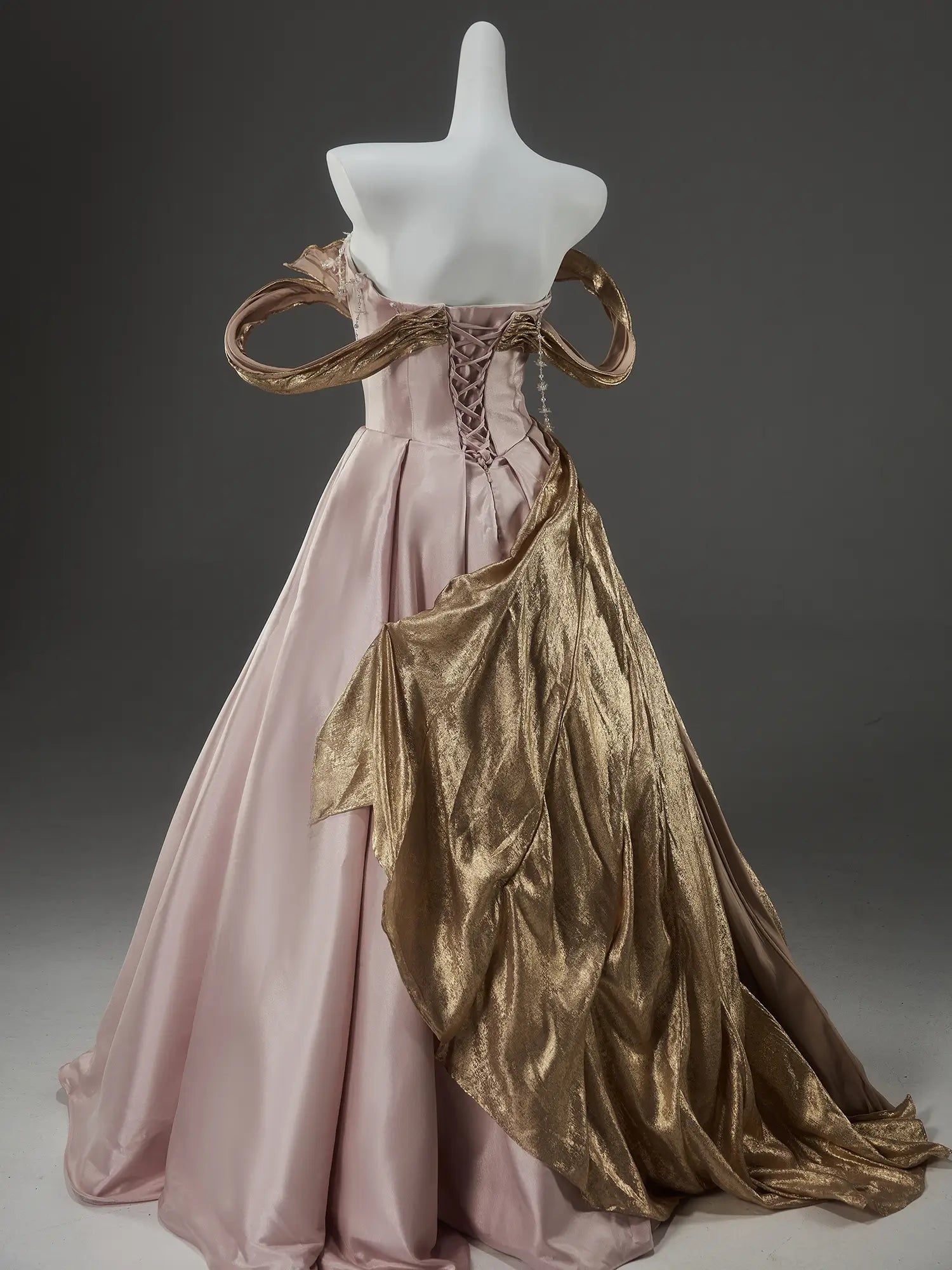 Pink Off the Shoulder Satin Formal Gown with Gold Pleated Overskirt & Sweetheart Neckline - CQ0141-Couture Gown 2025 -Viniodress-Pink-Custom Size-