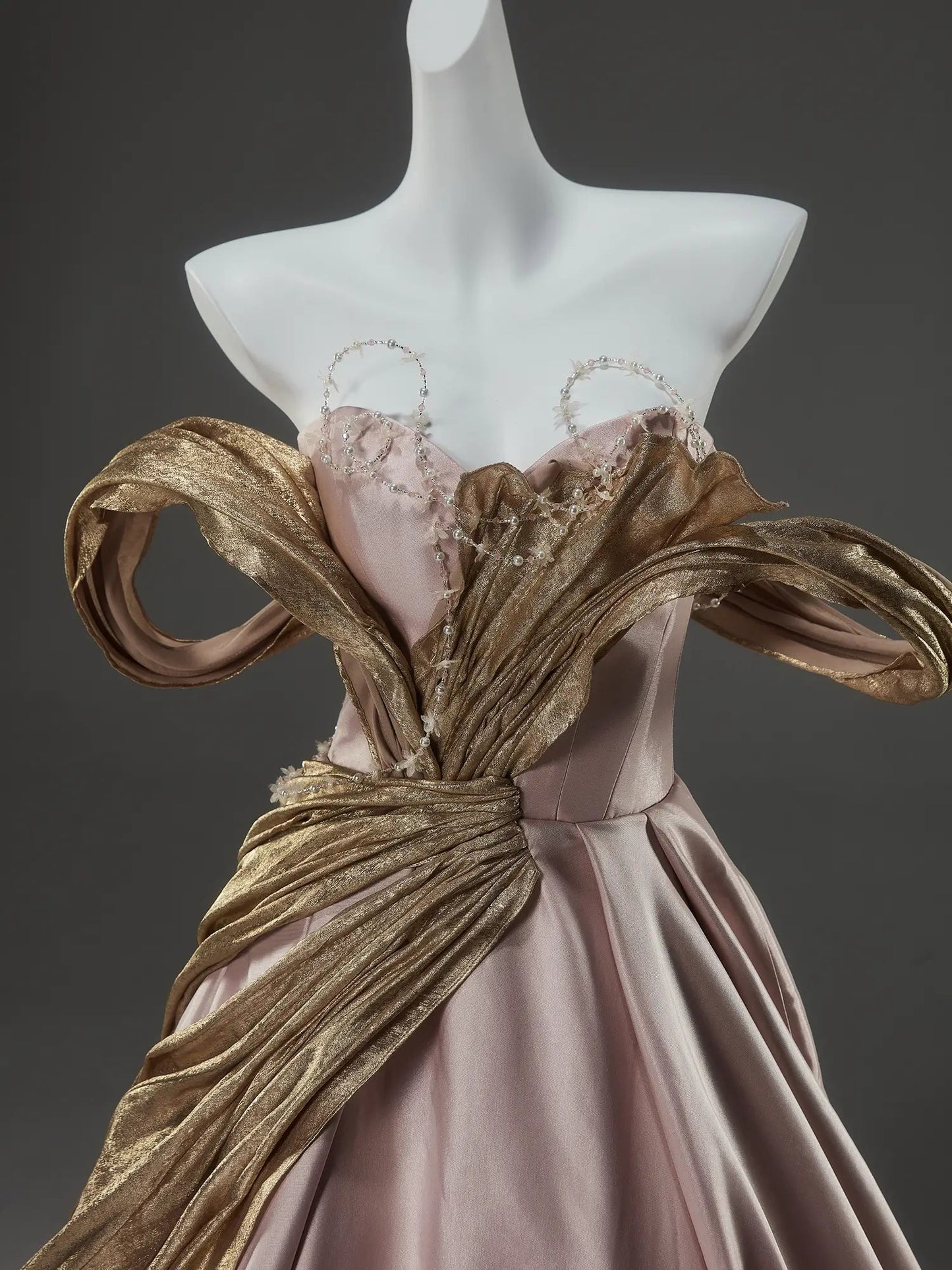 Pink Off the Shoulder Satin Formal Gown with Gold Pleated Overskirt & Sweetheart Neckline - CQ0141-Couture Gown 2025 -Viniodress-Pink-Custom Size-