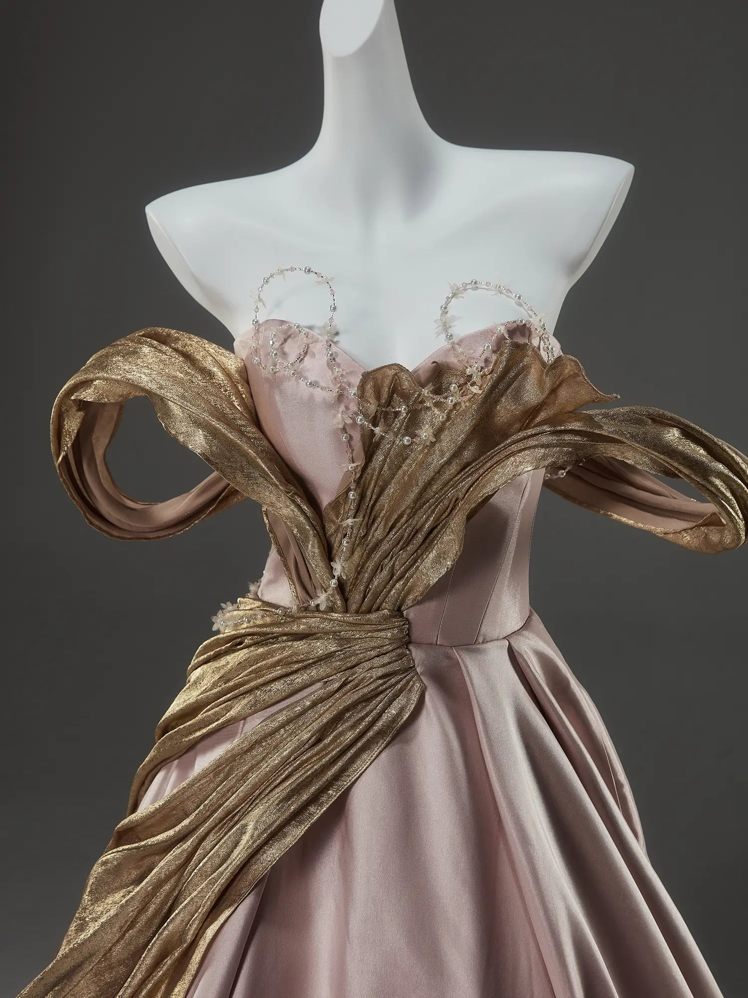 Pink Off the Shoulder Satin Formal Gown with Gold Pleated Overskirt & Sweetheart Neckline - CQ0141-Couture Gown 2025 -Viniodress-Pink-Custom Size-