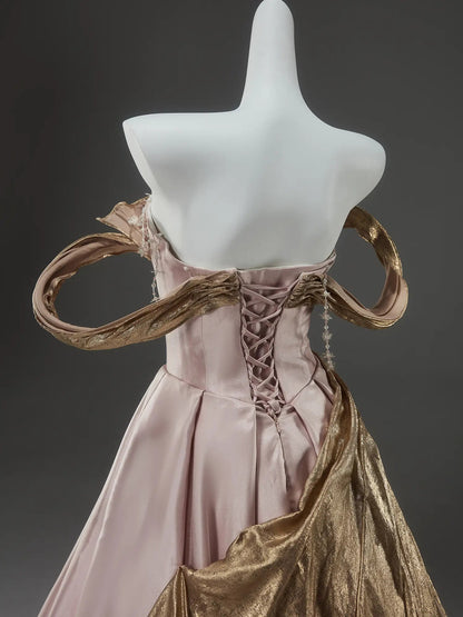 Pink Off the Shoulder Satin Formal Gown with Gold Pleated Overskirt & Sweetheart Neckline - CQ0141-Couture Gown 2025 -Viniodress-Pink-Custom Size-