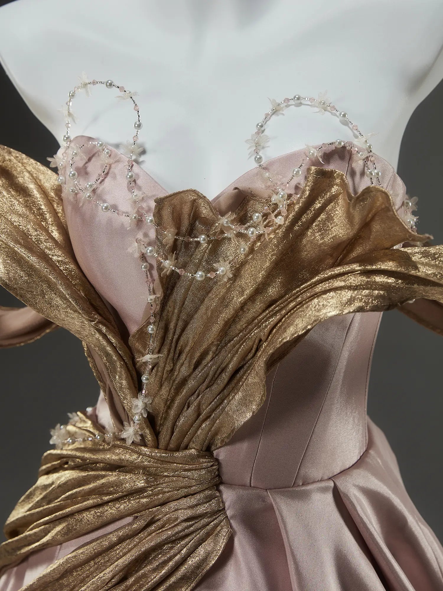 Pink Off the Shoulder Satin Formal Gown with Gold Pleated Overskirt & Sweetheart Neckline - CQ0141-Couture Gown 2025 -Viniodress-Pink-Custom Size-