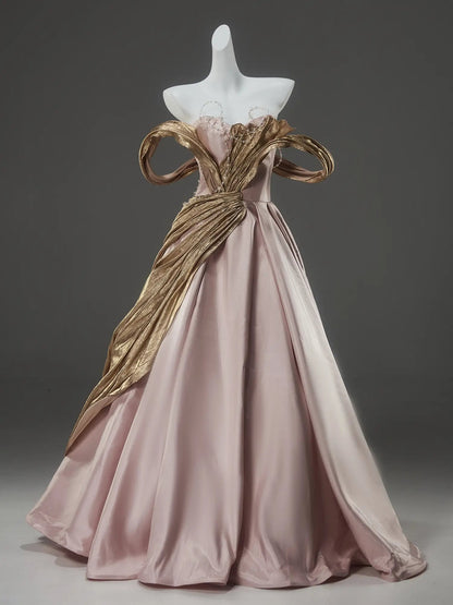 Pink Off the Shoulder Satin Formal Gown with Gold Pleated Overskirt & Sweetheart Neckline - CQ0141-Couture Gown 2025 -Viniodress-Pink-Custom Size-
