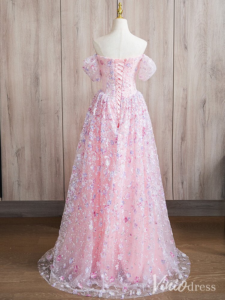 Pink Off the Shoulder Sweetheart Floral Prom Dresses Beaded Lace Sparkly Evening Dress AD1371 - Viniodressprom dressesPinkCustom Size - Formal Dresses - Ball Gowns