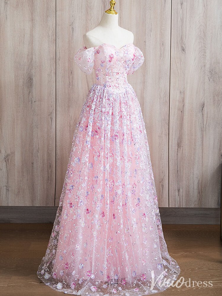 Pink Off the Shoulder Sweetheart Floral Prom Dresses Beaded Lace Sparkly Evening Dress AD1371 - Viniodressprom dressesPinkCustom Size - Formal Dresses - Ball Gowns