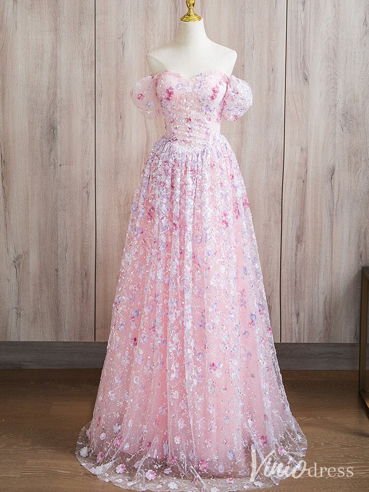 Pink Off the Shoulder Sweetheart Floral Prom Dresses Beaded Lace Sparkly Evening Dress AD1371 - Viniodressprom dressesPinkCustom Size - Formal Dresses - Ball Gowns