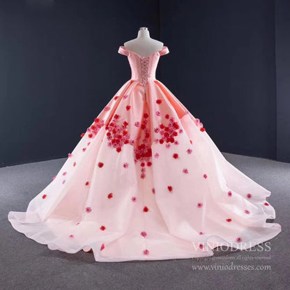 Pink Ombre Ball Gown Quince Dresses Red 3D Flower, Off the Shoulder Princess Dress FD1142-prom dresses 2025 -Viniodress-Pink-US 2-