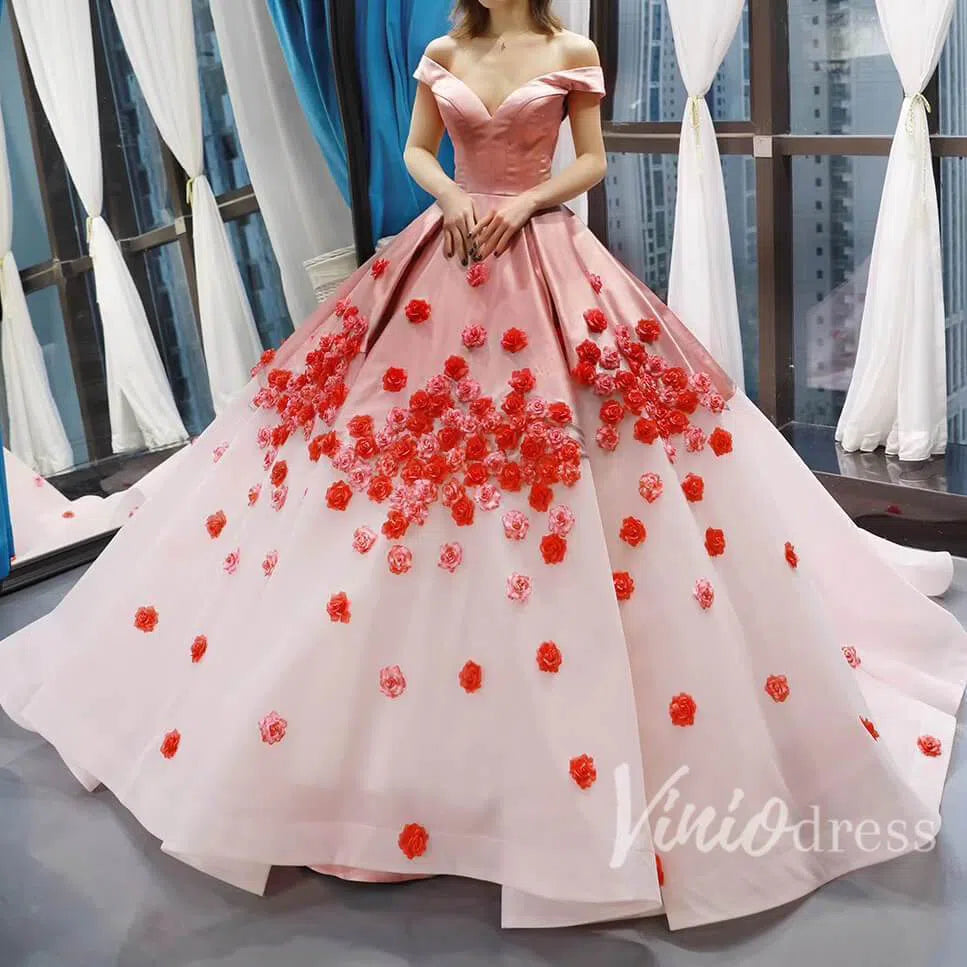 Pink Ombre Ball Gown Quince Dresses Red 3D Flower, Off the Shoulder Princess Dress FD1142-prom dresses 2025 -Viniodress-Pink-US 2-
