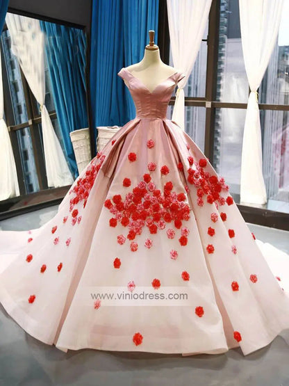 Pink Ombre Ball Gown Quince Dresses Red 3D Flower, Off the Shoulder Princess Dress FD1142-prom dresses 2025 -Viniodress-Pink-US 2-