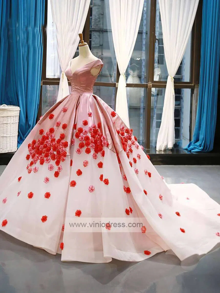 Pink Ombre Ball Gown Quince Dresses Red 3D Flower, Off the Shoulder Princess Dress FD1142-prom dresses-Viniodress-Viniodress