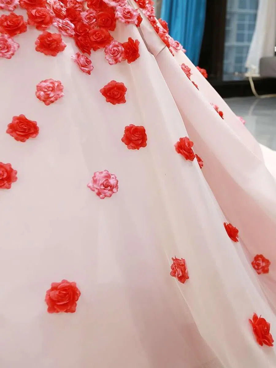 Prom Dress 2025 Pink Ombre Ball Gown Quince Dresses Red 3D Flower, Off the Shoulder Princess Dress FD1142-unique prom dresses-Pink-US 2-Viniodress