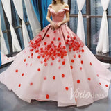 Pink Ombre Ball Gown Quince Dresses Red 3D Flower, Off the Shoulder Princess Dress FD1142-prom dresses-Viniodress-Viniodress