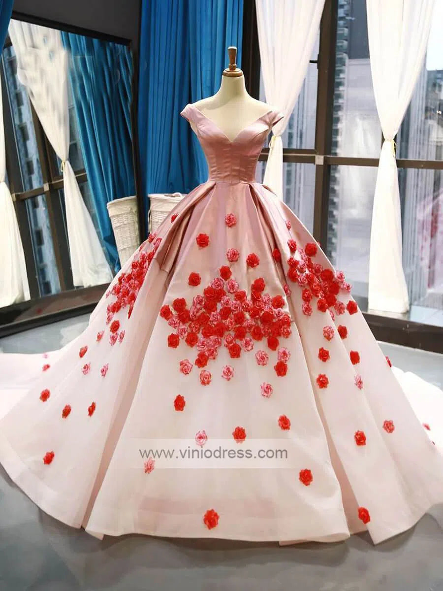 Pink Ombre Ball Gown Quince Dresses Red 3D Flower, Off the Shoulder Princess Dress FD1142-prom dresses-Viniodress-Viniodress