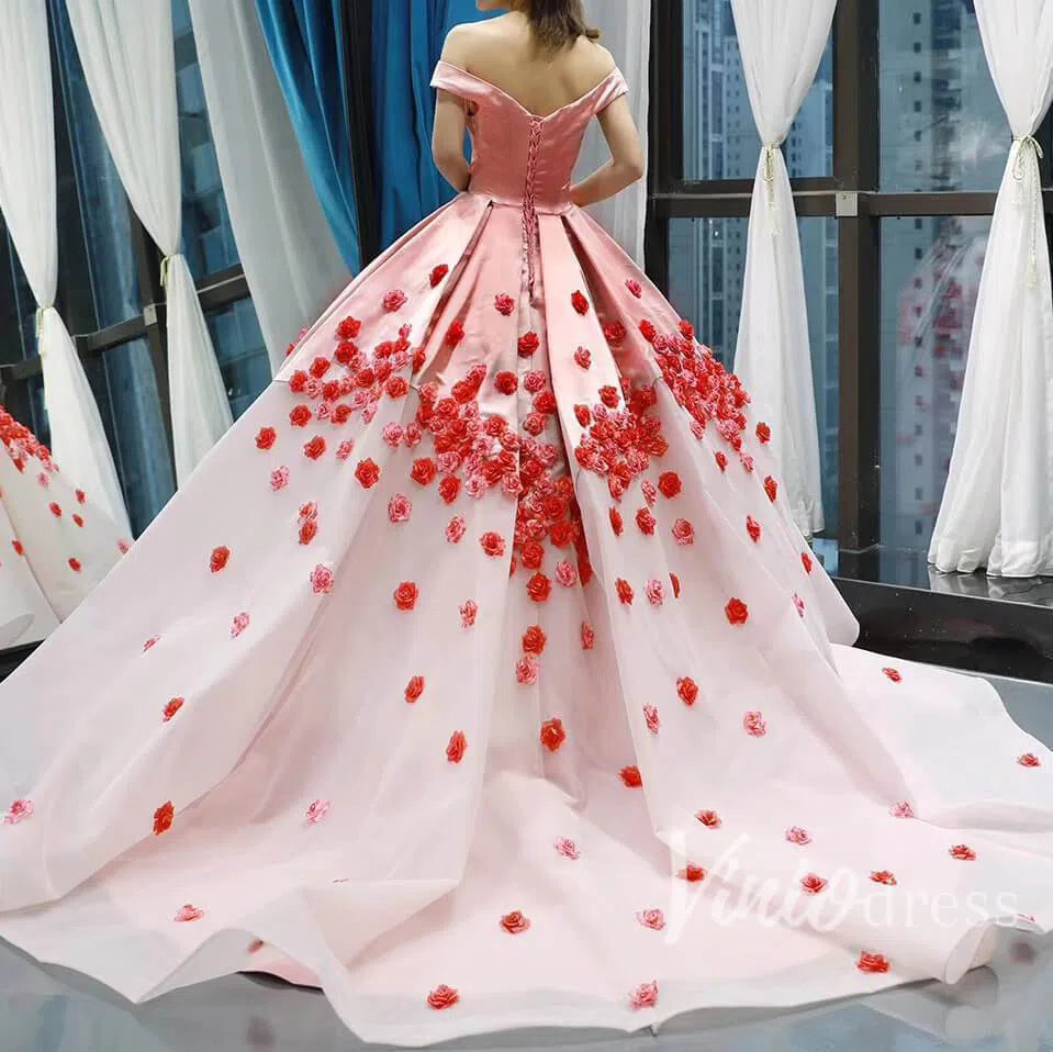 Pink Ombre Ball Gown Quince Dresses Red 3D Flower, Off the Shoulder Princess Dress FD1142-prom dresses-Viniodress-Viniodress