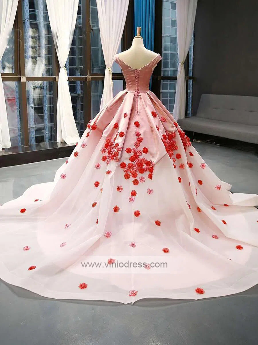 Pink Ombre Ball Gown Quince Dresses Red 3D Flower, Off the Shoulder Princess Dress FD1142-prom dresses-Viniodress-Viniodress