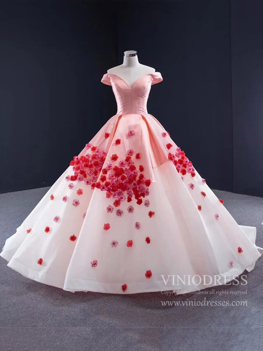 Pink Ombre Ball Gown Quince Dresses Red 3D Flower, Off the Shoulder Princess Dress FD1142-prom dresses-Viniodress-Pink-US 2-Viniodress