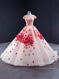 Pink Ombre Ball Gown Quince Dresses Red 3D Flower, Off the Shoulder Princess Dress FD1142-prom dresses-Viniodress-Pink-US 2-Viniodress