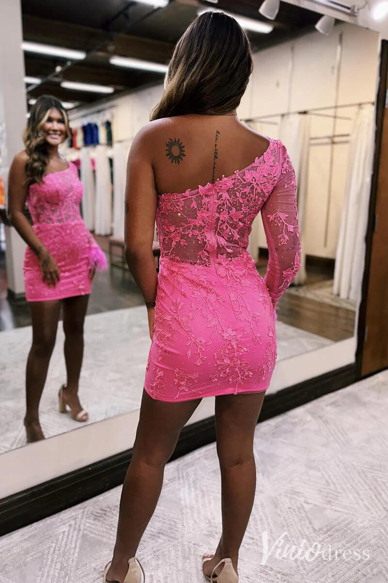 Pink One Shoulder Long Sleeve Homecoming Dresses Lace Applique Bodycon Viniodress Pink One Shoulder Long Sleeve Homecoming Dresses Lace Applique Bodycon Viniodress