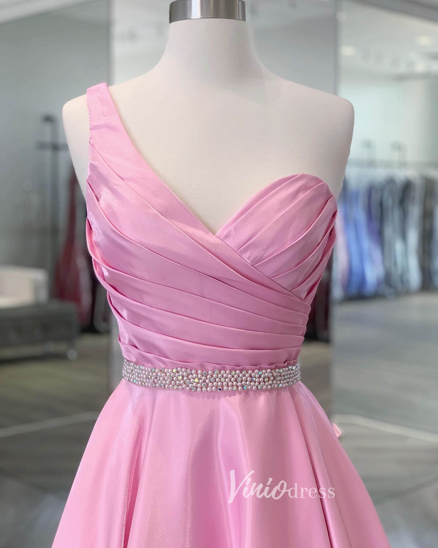 Pink One Shoulder Prom Dresses Pleated Satin Evening Dress FD3135-prom dresses 2025 -Viniodress-Pink-Custom Size-