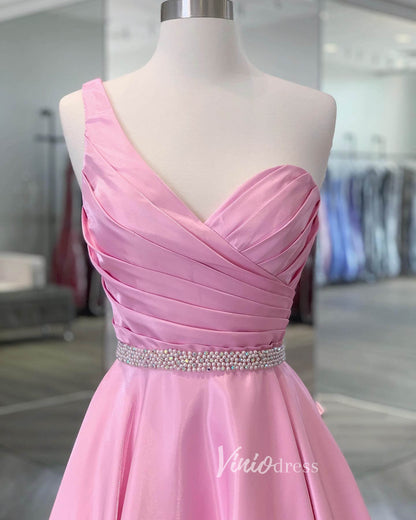 Pink One Shoulder Prom Dresses Pleated Satin Evening Dress FD3135-prom dresses 2025 -Viniodress-Pink-Custom Size-