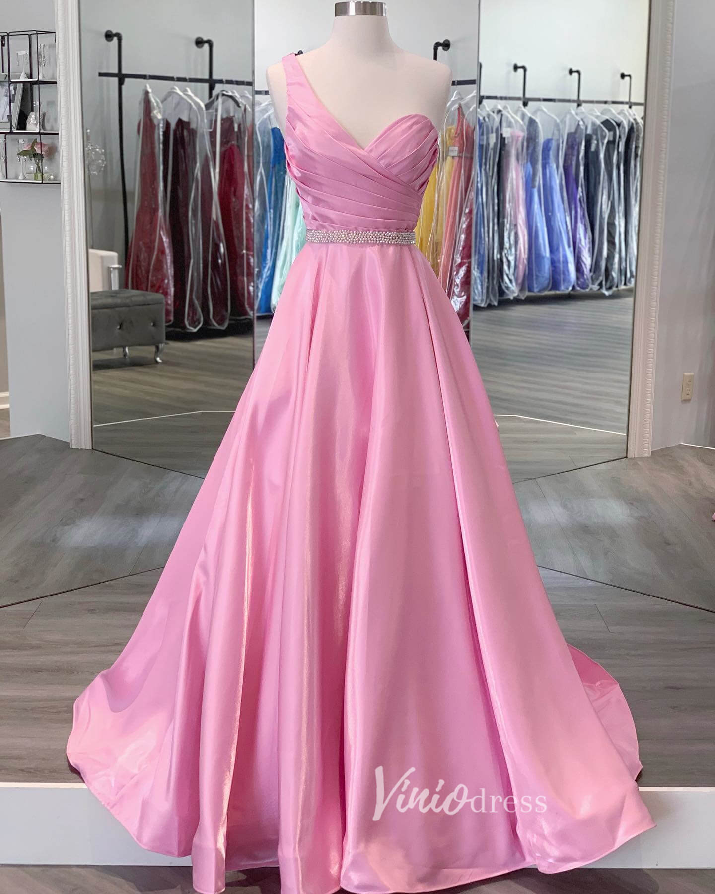 Prom Dress 2025 Pink One Shoulder Prom Dresses Pleated Satin Evening Dress FD3135-unique prom dresses-Pink-Custom Size-Viniodress