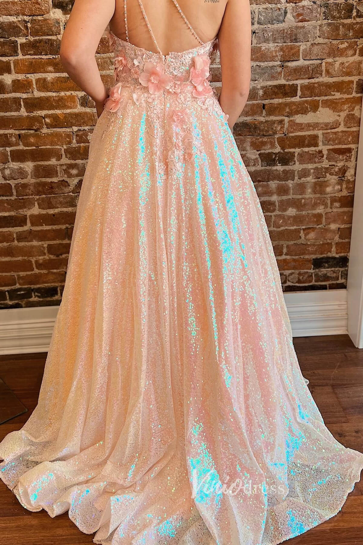 Pink One-Shoulder Sequin Prom Dress with 3D Flowers and Convenient Pockets FD3471-prom dresses 2025 -Viniodress-Pink-Custom Size-