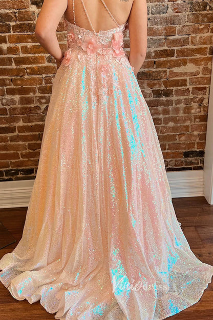 Pink One-Shoulder Sequin Prom Dress with 3D Flowers and Convenient Pockets FD3471-prom dresses 2025 -Viniodress-Pink-Custom Size-