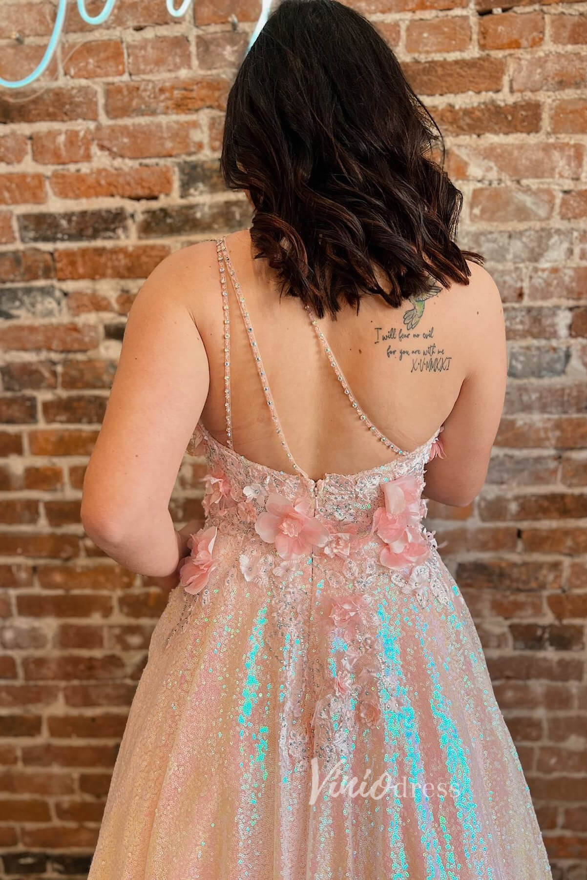 Prom Dress 2025 Pink One-Shoulder Sequin Prom Dress with 3D Flowers and Convenient Pockets FD3471-unique prom dresses-Pink-Custom Size-Viniodress