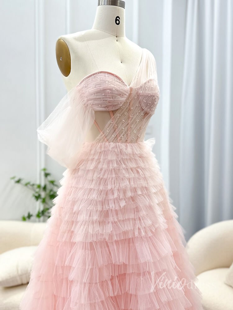 Pink One Shoulder Tiered Prom Dresses Sheer Boned Bodice Quinceanera Dress AD1186-prom dresses 2025 -Viniodress-Pink-Custom Size-