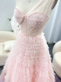 Pink One Shoulder Tiered Prom Dresses Sheer Boned Bodice Quinceanera Dress AD1186-prom dresses-Viniodress-Viniodress