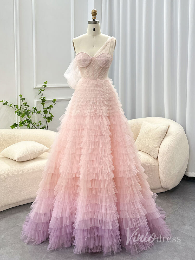 Pink One Shoulder Tiered Prom Dresses Sheer Boned Bodice Quinceanera Dress AD1186-prom dresses-Viniodress-Pink-Custom Size-Viniodress