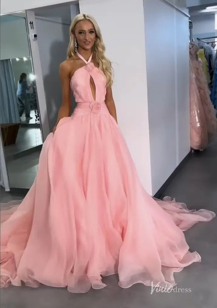 Pink Organza Pageant Gown Prom Dress with Halter Neck and Keyhole Bodice – PG5189-prom dresses 2025 -Viniodress-Pink-Custom Size-