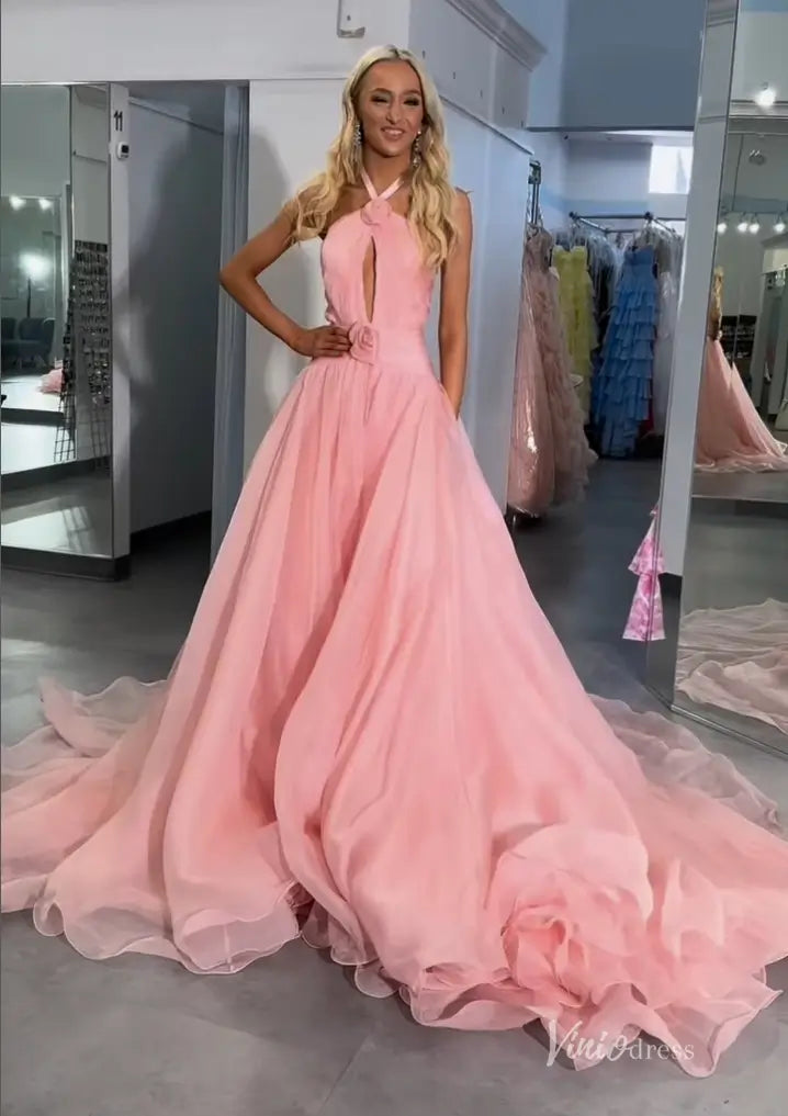 Pink Chiffon Ball Gown Prom Dress with Halter Neck and Keyhole  FD5189   Viniodress