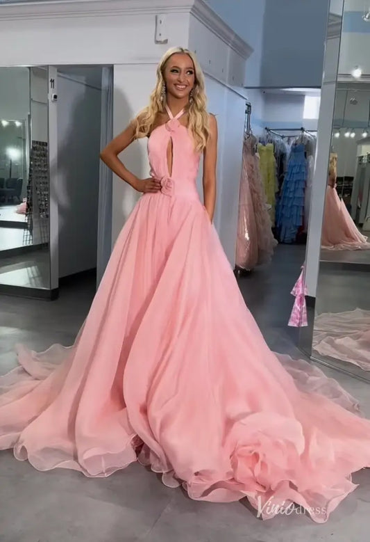 Pink Organza Pageant Gown Prom Dress with Halter Neck and Keyhole Bodice – PG5189-prom dresses 2025 -Viniodress-Pink-Custom Size-