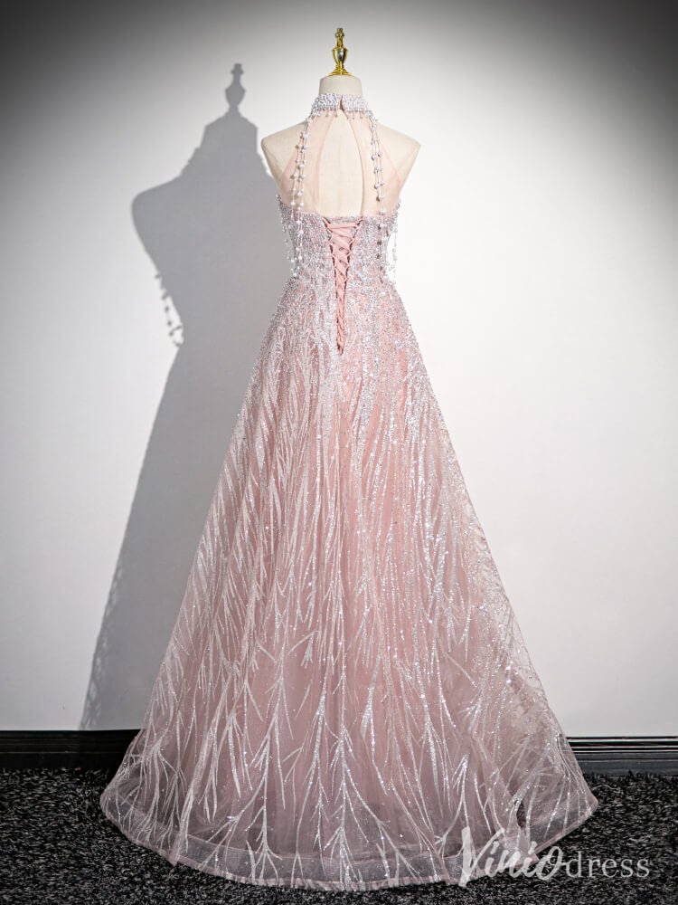 Pink Pearl Halter Neck Prom Dresses Sparkly Lace Evening Dress AD1338-prom dresses 2025 -Viniodress-Pink-Custom Size-