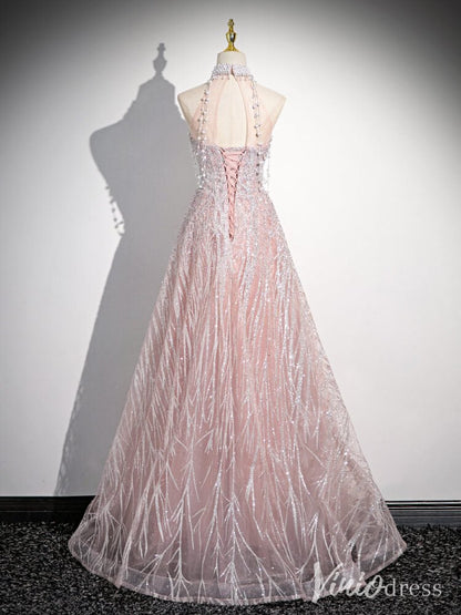 Pink Pearl Halter Neck Prom Dresses Sparkly Lace Evening Dress AD1338-prom dresses 2025 -Viniodress-Pink-Custom Size-