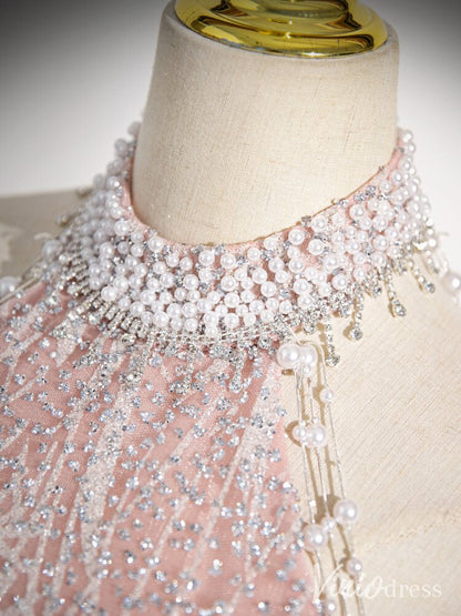 Pink Pearl Halter Neck Prom Dresses Sparkly Lace Evening Dress AD1338-prom dresses 2025 -Viniodress-Pink-Custom Size-