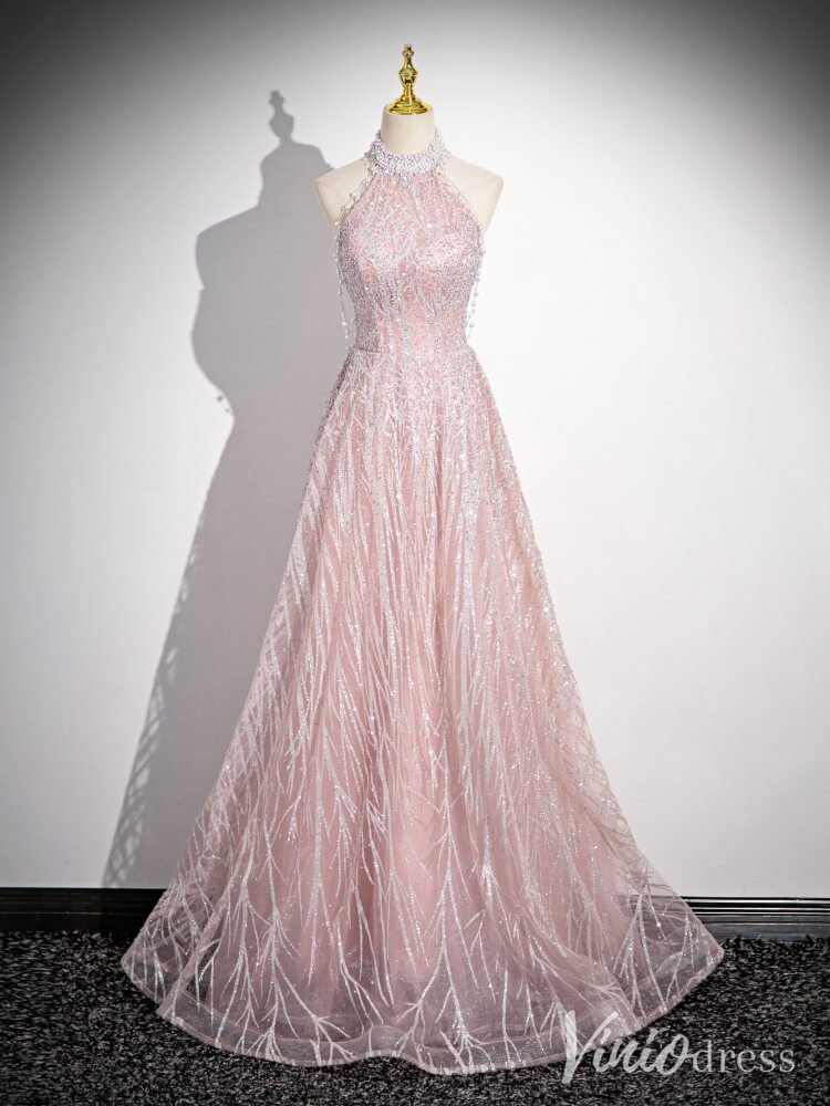 Pink Pearl Halter Neck Prom Dresses Sparkly Lace Evening Dress AD1338-prom dresses 2025 -Viniodress-Pink-Custom Size-