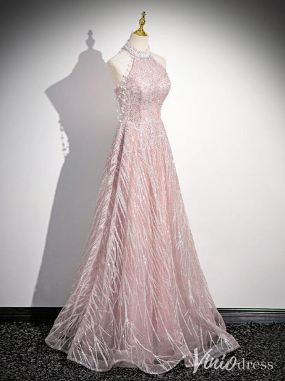 Pink Pearl Halter Neck Prom Dresses Sparkly Lace Evening Dress AD1338-prom dresses 2025 -Viniodress-Pink-Custom Size-