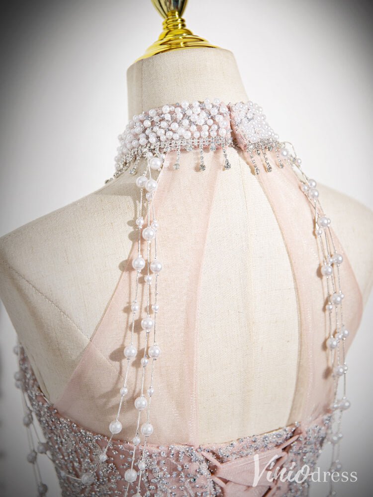 Pink Pearl Halter Neck Prom Dresses Sparkly Lace Evening Dress AD1338   Viniodress