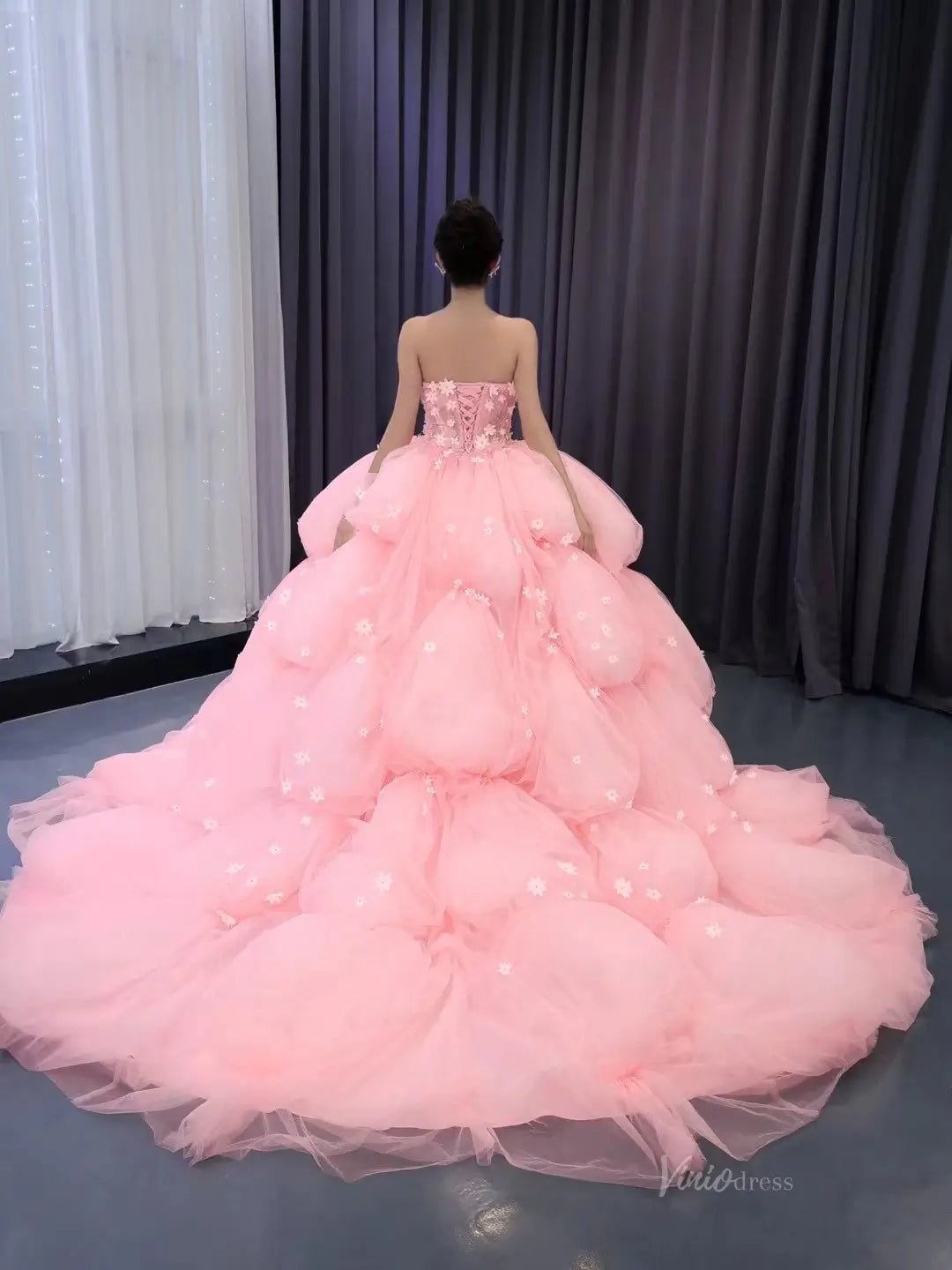 Pink Petal Wedding Dresses Ethereal Strapless Quinceanera Dresses Layered 241125-Quinceanera Dresses 2025 -Viniodress-Pink-Custom Size-
