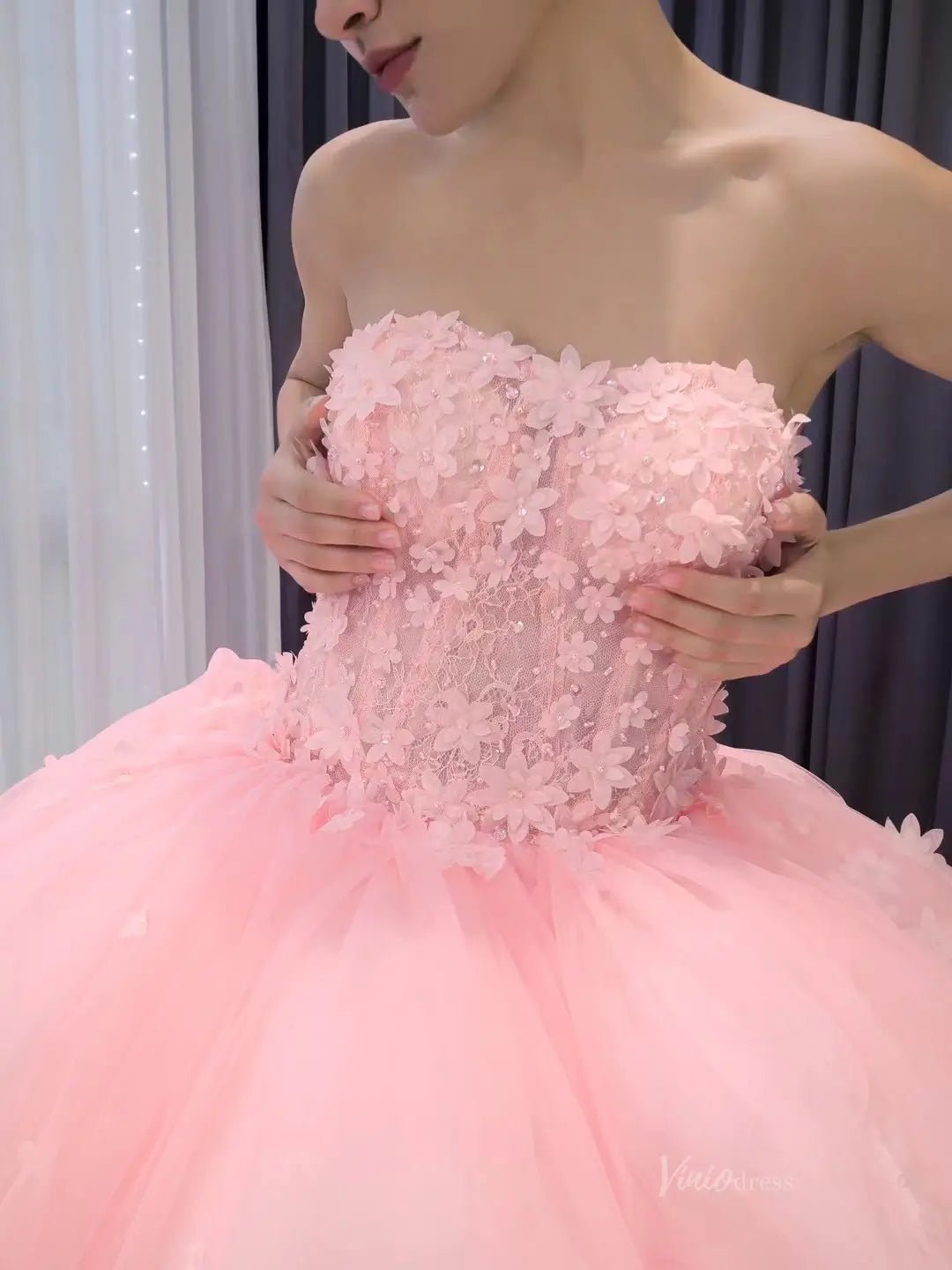 Pink Petal Wedding Dresses Ethereal Strapless Quinceanera Dresses Layered 241125-Quinceanera Dresses 2025 -Viniodress-Pink-Custom Size-