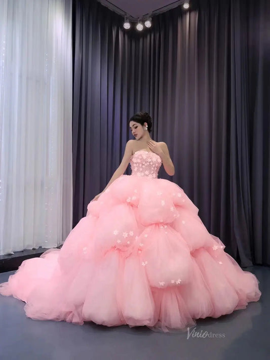 Pink Petal Wedding Dresses Ethereal Strapless Quinceanera Dresses Layered 241125 - ViniodressQuinceanera DressesPinkCustom Size - Formal Dresses - Ball Gowns